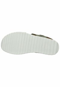 Bílá gumová podrážka s vroubkovanou texturou, s zeleným textilním svrškem a hnědými koženými akcenty. Čistý design bez viditelného loga.