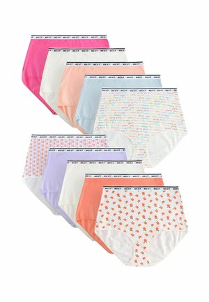 Ten high-waist women’s briefs in solid colors and patterns, each with a white waistband labeled "NEXT."
