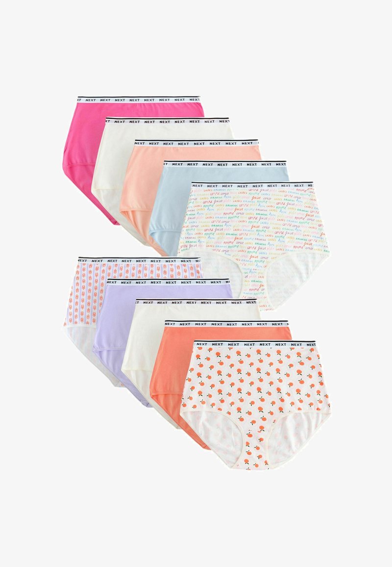 Dix culottes pour femmes à taille haute, unies et à motifs, chacune avec une ceinture blanche portant l'inscription « NEXT ».
