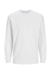 Langærmet hvid t-shirt lavet af bomuld. Har rund hals og ensfarvet design uden mønstre eller accenter. Blød, glat tekstur.