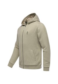 Felpa grigia con zip, dotata di tasca a marsupio, polsini a coste e un logo discreto sul petto. Realizzata in tessuto morbido con una texture liscia.