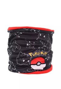 Collo scaldacollo nero con bordino rosso, caratterizzato da sagome bianche di Pokémon e un grafico di Pokéball. Tessuto morbido, forma cilindrica per garantire calore.