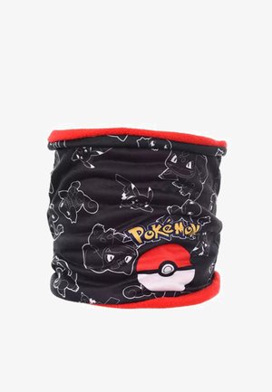 Zwarte nekwarmer met rode rand, versierd met witte Pokémon-silhouetten en een Pokébal-graphic. Zachte stof, cilindervorm voor warmte.