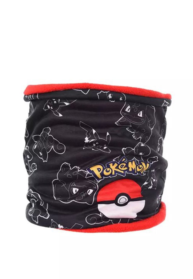 Collo scaldacollo nero con bordino rosso, caratterizzato da sagome bianche di Pokémon e un grafico di Pokéball. Tessuto morbido, forma cilindrica per garantire calore.
