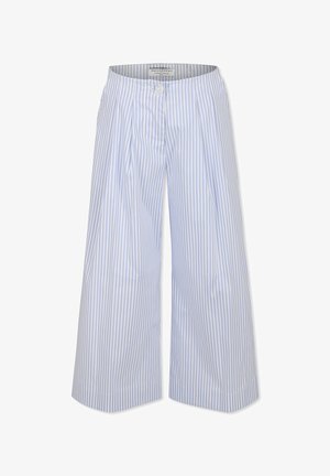 Spodnie z szerokimi nogawkami w jasno-niebieskie i białe pionowe paski, z zapięciem na guzik oraz zaszewkami dla dodatkowej tekstury i detali w designie.