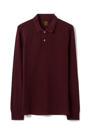 Langärmliges dunkelweinrotes Poloshirt mit zwei Knöpfen und Kragen, auf weißem Hintergrund dargestellt.