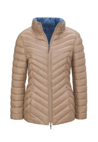 Giubbotto imbottito beige con zip frontale, colletto alto e cuciture a zigzag. Presenta un rivestimento interno blu e tasche laterali con zip.