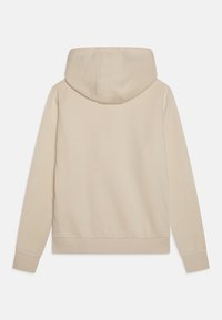 Sudadera beige con un bolsillo tipo canguro, puños y dobladillo acanalados. Presenta una capucha grande y suave y una tela lisa con una ligera textura.