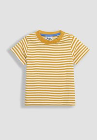 Geltonai ir baltai dryžuota T-shirt marškinėliai su trumpomis rankovėmis, apvaliu kaklu ir su snapeliais ant peties. Pagaminta iš minkštos medvilnės medžiagos.