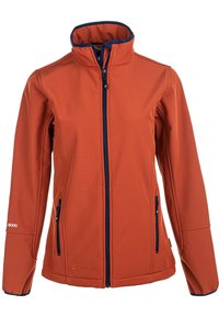 Orange softshell-jacka med hög krage, marinblå dragkedjor, sidofickor och en logotyp på nedre vänster sida. Har en mjuk, texturerad yta.