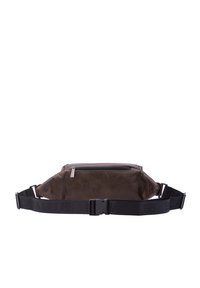 Marsupio in pelle marrone con finitura texturizzata, chiusura con zip e tracolla nera regolabile con il logo 'CAVALLI' impresso in grassetto.