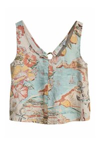 Ärmlös crop top med V-ringning och ringdetalj, med ett färgstarkt blommigt och kustmönster med båtar, ankare och solmotiv.