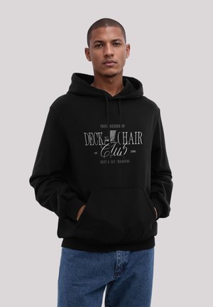 Schwarzer Hoodie aus Baumwollmischung mit einer Vordertasche, Kapuze mit Kordelzug und weißem Drucktext im Vintage-Design.