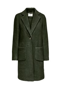 Manteau vert foncé texturé avec un col cranté, une fermeture à un bouton et deux poches avant. Fabriqué en matériau doux et duveteux.
