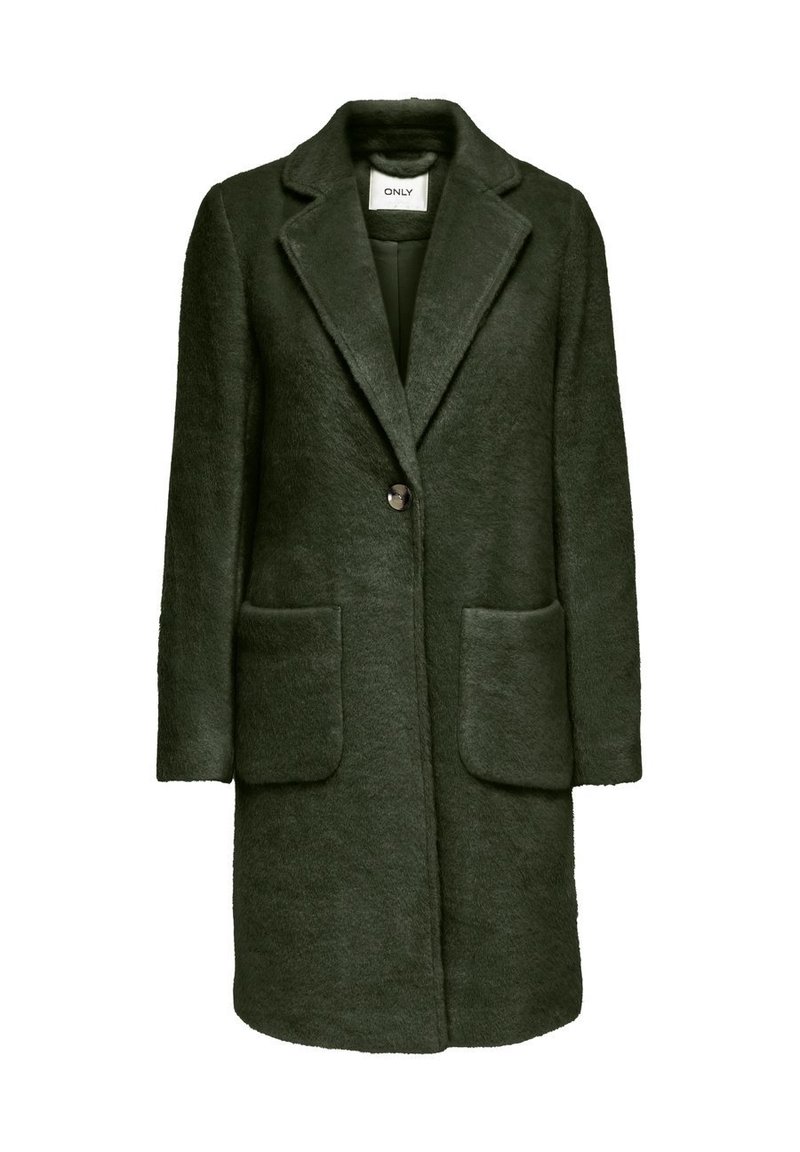 Manteau vert foncé texturé avec un col cranté, une fermeture à un bouton et deux poches avant. Fabriqué en matériau doux et duveteux.