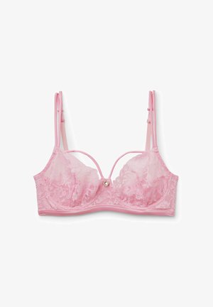 Rosa Spitzen-BH mit verstellbaren doppelten Schultergurten und einem kleinen herzförmigen Schmuckstück in der Mitte vorne.
