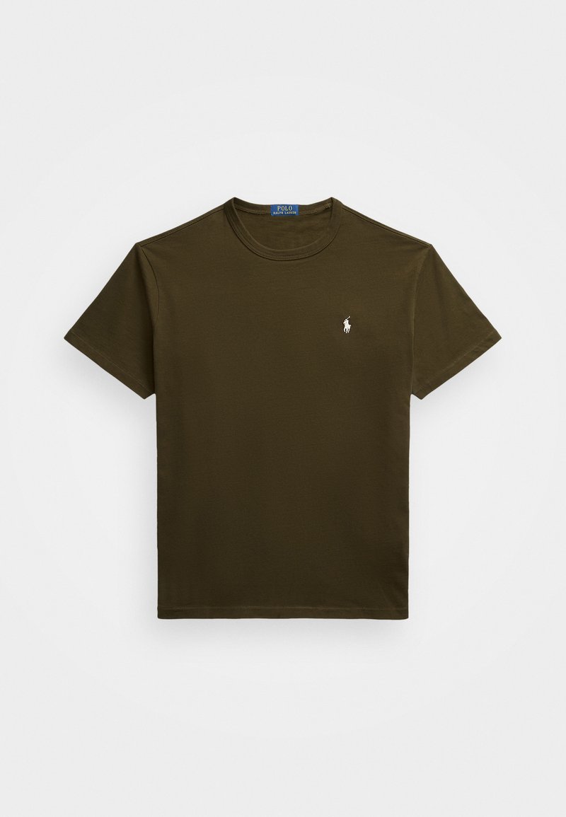 Maslinasto zeleni pamučni T-shirt s kratkim rukavima i okruglim izrezom. Ima mali bijeli polo logo na lijevoj strani prsa. Glatka tekstura.
