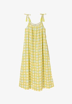 Gul og lysegrøn sommerkjole med hvide blomsterprint, ærmeløs med bindebånd og frynser på hvid baggrund.