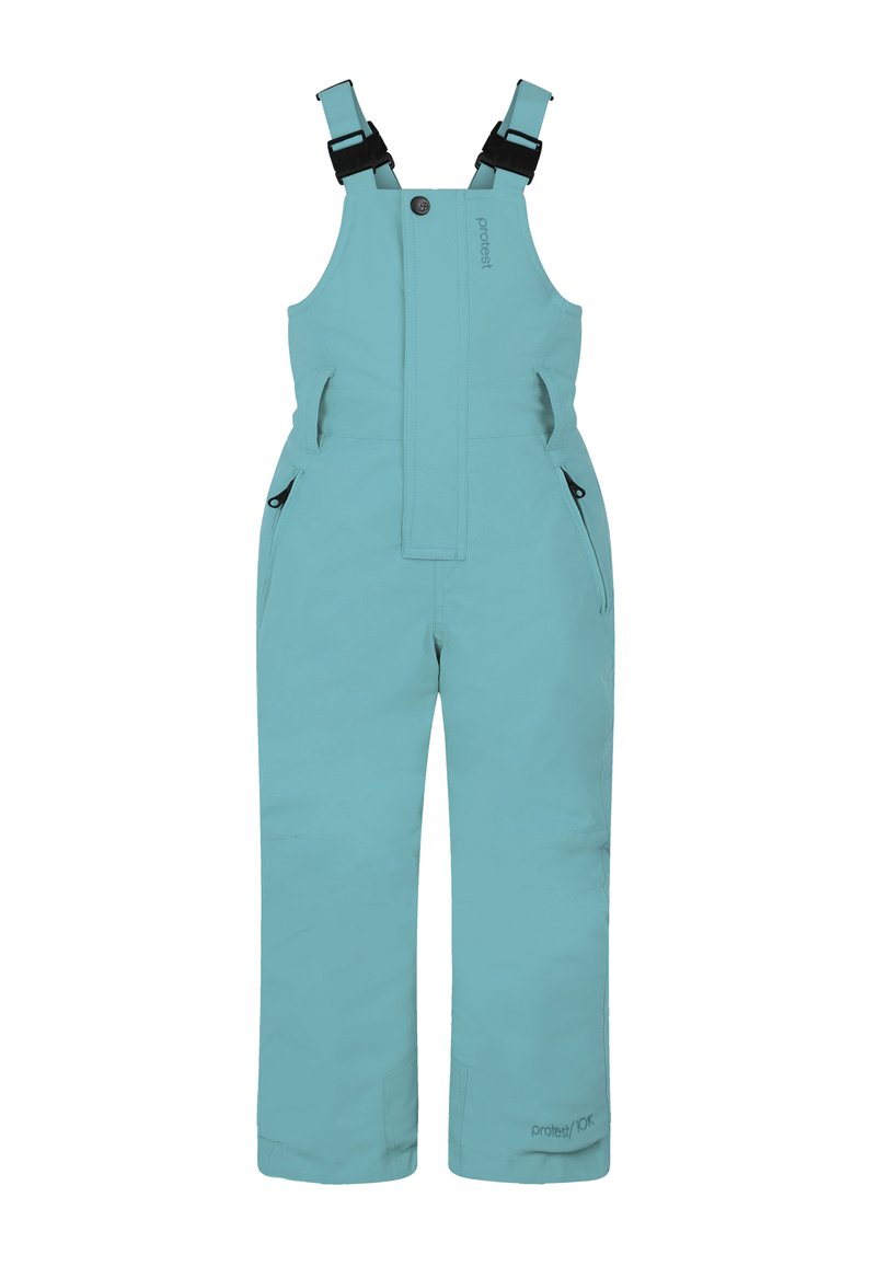 Tyrkysový voděodolný overal s nastavitelnými popruhy, bočními kapsami a předním zapínáním na knoflíky. Hladká textura a moderní střih.