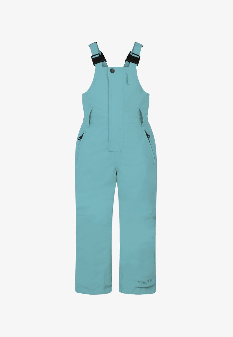 Tyrkysový voděodolný overal s nastavitelnými popruhy, bočními kapsami a předním zapínáním na knoflíky. Hladká textura a moderní střih.