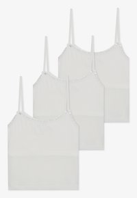 Three white camisoles with spaghetti straps, featuring lace trim along the neckline and a smooth, soft fabric texture.
