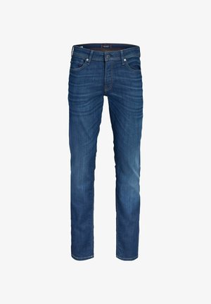 Tamnoplave teksas hlače ravnog kroja s pet džepova, vidljivim šavovima i kopčanjem na gumb u struku.