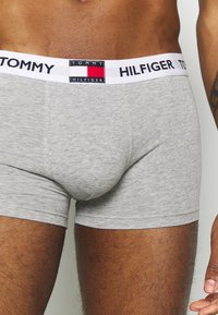 Gray cotton boxer briefs featuring a white waistband with "TOMMY HILFIGER" logo, showing a snug fit and smooth texture.