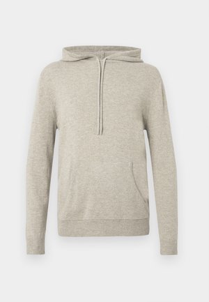Light grey hoodie with a drawstring, front pocket, ribbed cuffs, and hem. Made from a soft, textured fabric. Simple design, no patterns.