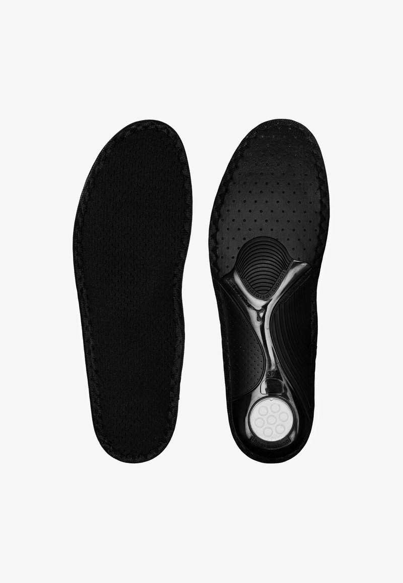 Black insoles with a textured upper layer and a cushioned lower layer featuring circular gel pads for comfort. Shaped to fit standard shoes.