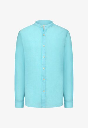 Camicia azzurro chiaro a maniche lunghe con colletto alla coreana e bottoni beige frontali, realizzata in tessuto leggero.