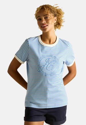 Blue and white striped short-sleeve T-shirt with a cream collar and cuffs, featuring a circular graphic design on the front.