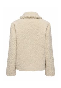 Ivory, textured fleece jacket with a collar, long sleeves, and a straight cut, featuring a soft, slightly fuzzy fabric surface.