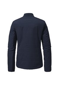 Granatowa ocieplana kurtka z wysokim kołnierzem, długimi rękawami i pikowanym wzorem. Tył zdobi subtelne przeszycie oraz dłuższy dół.