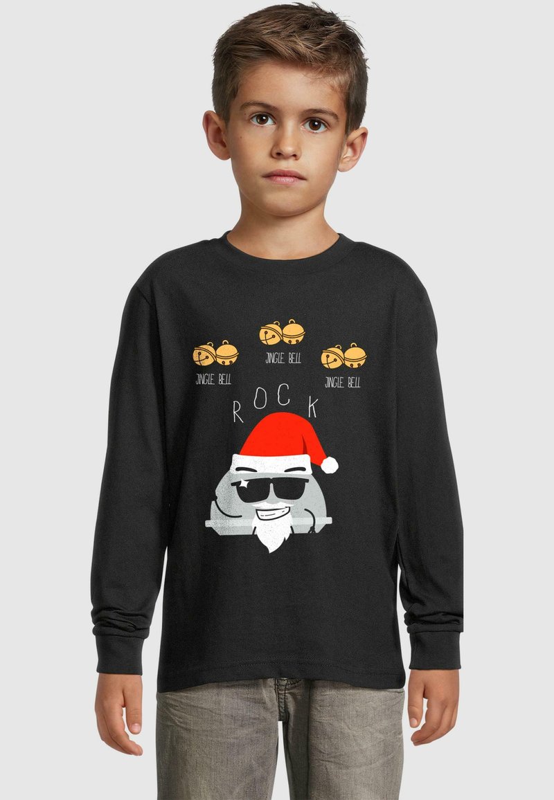 Must have piklik mustriga must t-särk, kus on joonistatud karikatuurne Jõuluvana päikeseprillides, punase mütsi ja üles kirjutatud tekst "JINGLE BELL ROCK", mille kohal on jõulukellade graafika.