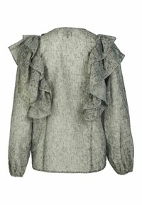 Grönaktig blus i tyg med volanger längs axlarna och ärmarna, med ett texturerat, något genomskinligt material och elastiska manschetter.