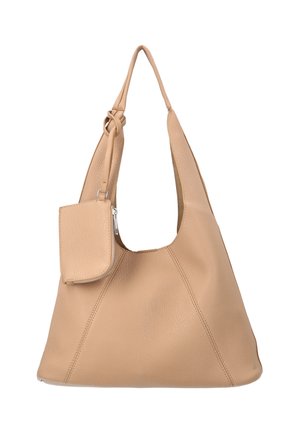 Beige skuldertaske i læder med en knyttet rem og en fastgjort lille lynlåspung på hvid baggrund.