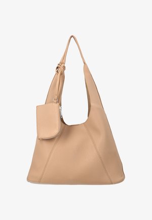 Bézs bőr válltáska csomózott pánttal és egy kis cipzáras zsebkendővel, fehér háttér előtt.