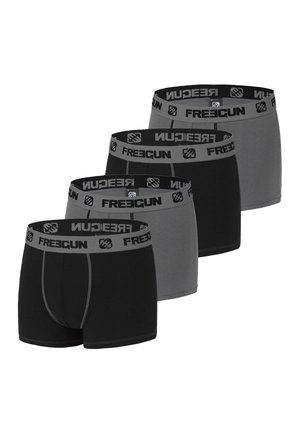 Quatre boxers pour hommes en alternance de couleurs noires et grises, chacun avec une ceinture grise portant l'inscription "FREEGUN" en lettres noires.