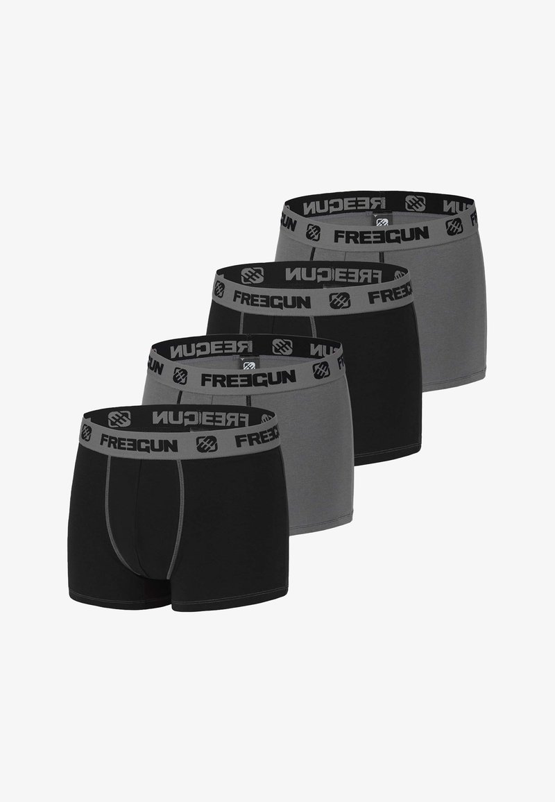 Quatre boxers pour hommes en alternance de couleurs noires et grises, chacun avec une ceinture grise portant l'inscription "FREEGUN" en lettres noires.