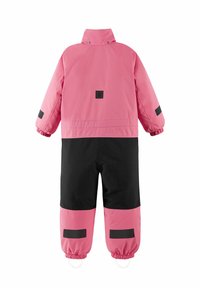 Waterproof pink and black snowsuit with elastic cuffs, high collar, and black accents on shoulders and legs. Features a logo patch on the back.
