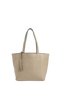 Sac fourre-tout en cuir beige avec deux poignées de transport, détail en forme de pompon et trois clous décoratifs à l'avant. Design simple et structuré.
