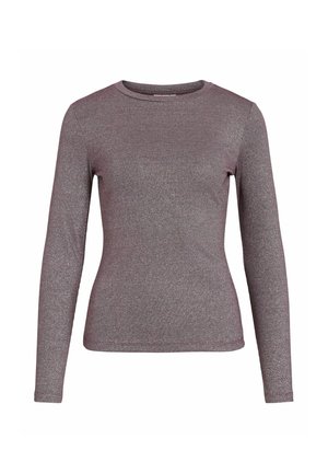 Garums piedurknēm tops metalizētā mauve audumā. Iezīmēts ar apaļu kakla izgriezumu ar mīkstu, teksturētu apdari un pieguļošu siluetu.