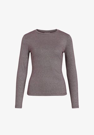 Garums piedurknēm tops metalizētā mauve audumā. Iezīmēts ar apaļu kakla izgriezumu ar mīkstu, teksturētu apdari un pieguļošu siluetu.