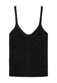 Top negru fără mâneci cu bretele subțiri, având un design cu decolteu în V, fabricat dintr-un material texturat și decorat cu paiete argintii împrăștiate.
