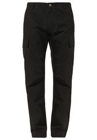 Svarta cargobyxor tillverkade av slitstarkt tyg, med två sidfickor, en avslappnad passform och synliga sömdetaljer för extra design.