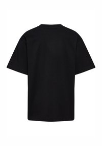 Schwarzes Baumwoll-T-Shirt mit lockerer Passform, kurzen Ärmeln und Rundhalsausschnitt. Sanfte Textur und keine sichtbaren Muster oder Verzierungen.