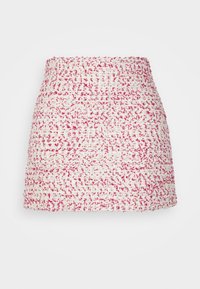 Rosa-weißer Tweed-Minirock aus strukturiertem Stoff, mit gerafftem Bund und gerader Silhouette. Keine sichtbaren Verschlüsse.