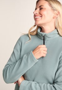 Smiling woman with blonde hair wearing a light blue fleece jacket, holding the zipper near the collar, looking right.