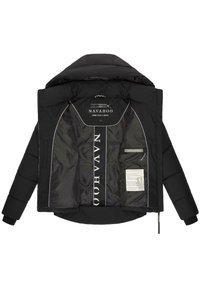Black puffer jacket with a hood, featuring a glossy interior, prominent logo, zipper pockets, and contrasting stitching details.