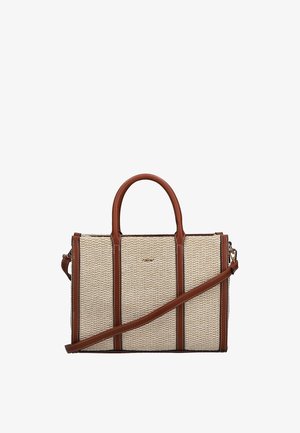 Sac à main beige en tissu tressé avec des poignées en cuir marron, une bordure et une bandoulière amovible, forme rectangulaire, et un petit logo doré à l'avant.